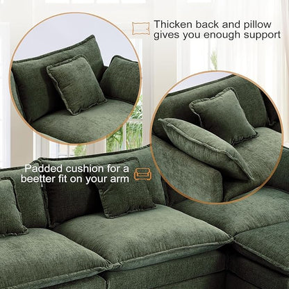 Furniliving Oversized Accent Chair with Ottoman, Luxury Chenille Single Sofa, Upholstered Deep Seat Chaise Lounge with Pillows for Living Room, Bedroom, Apartment, Green
