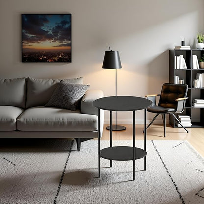 Side Table,Round End Table with 2 Storage Shelves| Compact Side Tables for Living Room, Couch, Office & Bedroom | Narrow Accent Table as Space-Saving Small Bedside Table 18x18x22in(Black)