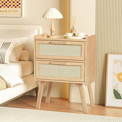 Lerliuo Rattan Nightstands Set of 2, Boho Night Stand with 2 Drawers, Cane Accent Side End Table, Bedside Table with Solid Wood Legs for Bedroom, Dorm and Small Spaces (Natural)