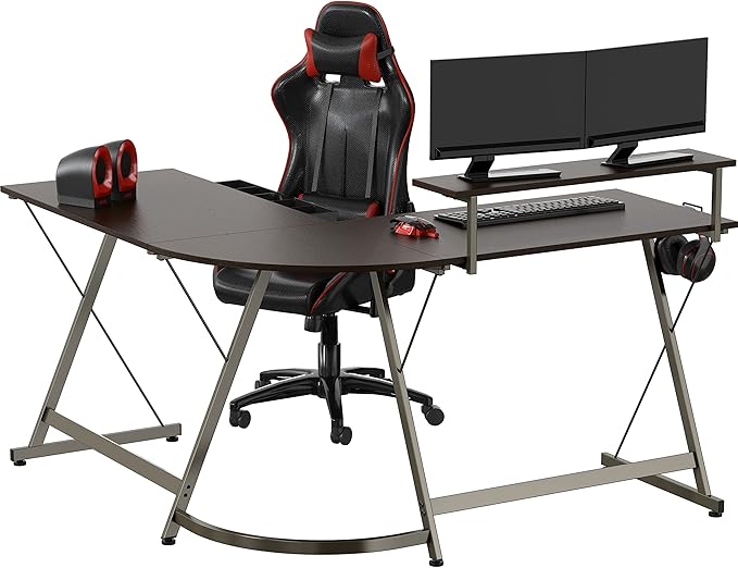 SHW 51 x 51 Inches Vista L-Shaped Desk with Monitor Stand and Drawer, Espresso