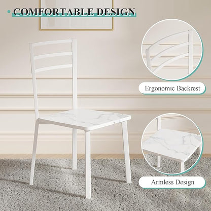 VECELO Small Round Dining Table Set for 2, Wood Tabletop with Strong Metal Frame, Modern Dinette with Chairs for Kitchen, Breakfast Nook Living Room, Faux Marbled & White
