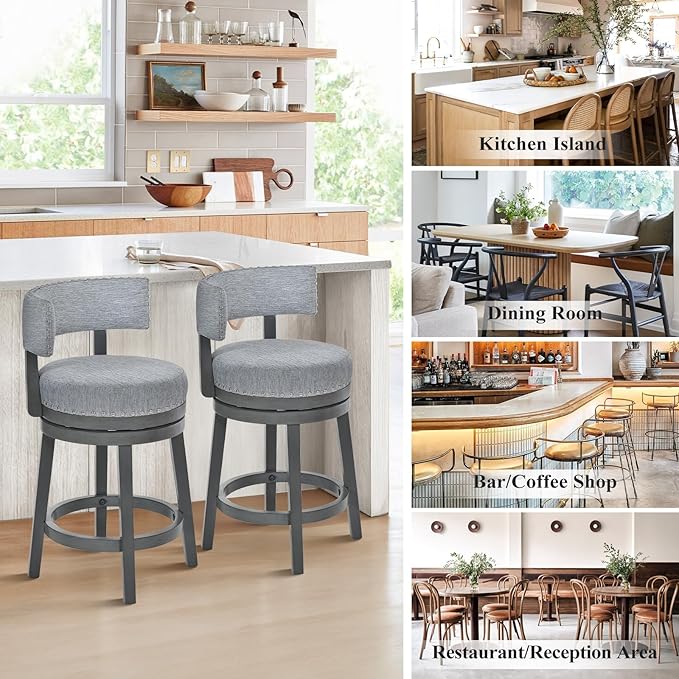 COLAMY Swivel Counter Height Bar Stools Set of 4, 25 Inch Modern Upholstered Kitchen Island Barstools with Back, Wood Swivel Bar Chairs for Counter Bar Dining Room, Grey