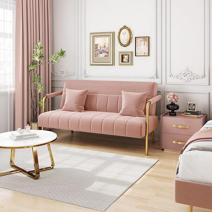 Yaheetech 56.5" W Modern Sofa Small Sofa Luxurious Velvet Fabric Couch with Gold-Tone Metal Arms and Legs for Living Room, Home Office, Studio Pink