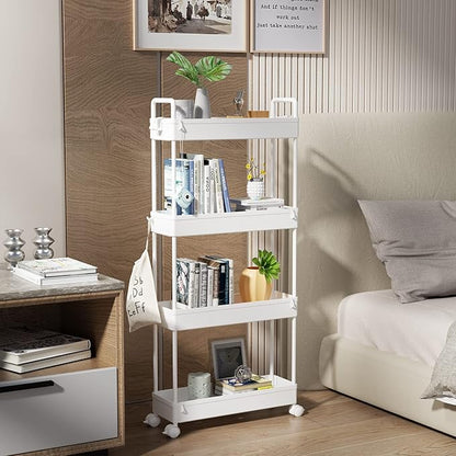 SOLEJAZZ Slim Rolling Storage Cart with Wheels 4 Tier Skinny Bathroom Storage Organizer Narrow Shelf Unit Thin Laundry Room Utility Cart for Bedside Kitchen Office Next to Fridge Small Places, White
