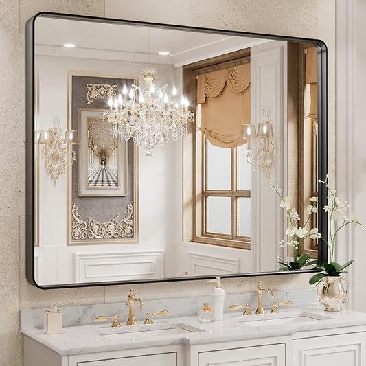 WEER Black Bathroom Mirror, 40X30 Inch Rectangular Black Metal Framed for Wall, Farmhouse Bathroom Vanity Mirror with Tempered Glass, Rounded Corner, Anti-Rust (Horizontal/Vertical)