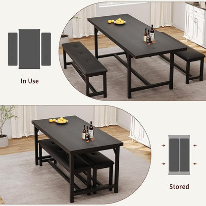 GarveeHome Dining Table Set for 4-6, 63" Extendable Wood Dining Room Table with Corner Protector & 2 Upholstered Benches, Kitchen Table Set for Apartment, Small Space, Easy Assembly, Retro Black