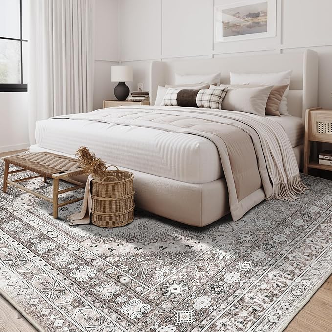 zesthome 8x10 Area Rugs for Living Room,Non-Slip Backing Washable Rugs,Vintage Large Area Rug，Stain Resistant Home Decor Rug (Brown/Beige,8'x10')