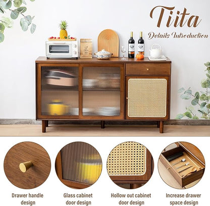 Tiita Bamboo Sideboard Buffet Cabinet, Rattan Kitchen Storage Cabinet with Drawer, Boho Coffee Bar Tables for Kitchen Hallway Office, Walnut
