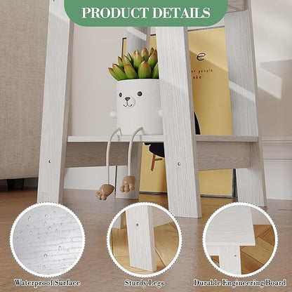 End Table with Double Storage Shelves, Small Space Side Table for Farmhouse Bedroom, Studio Apartment, Entryway， White