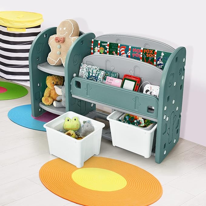 Costzon Kids Toy Storage Organizer, Toddler Bookshelf Cabinet w/ 2-Tier Bookshelf, 2 Shelves, 2 Removable Bins, Children Bookcase Display Book Rack for Kids Room Bedroom Playroom Furniture (Green)