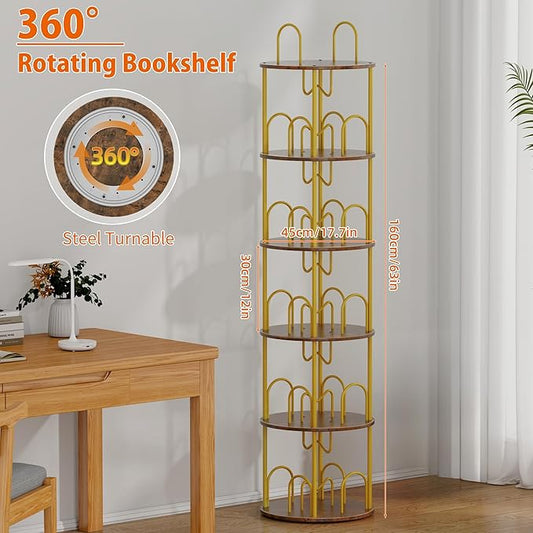 5 Tier Rotating Bookshelf, 360° Spinning Bookshelf Tower, Round Narrow Space Saving for Books and Display, Revolving Bookcase Corner Tall Book Shelf for Small Spaces, Bedroom, Living Room, Gold