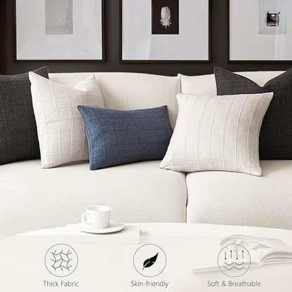 Foindtower Set of 2 Decorative Linen Check Throw Pillow Covers Neutral Farmhouse Vintage Cushion Covers Modern Boho Home Decor for Sofa Chair Couch Bedroom Living Room Outdoor,20×20 Inch,Cream White