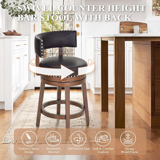 COLAMY Swivel Bar Stools Set of 4, 25 Inch Wood Swivel Barstools with Back, Counter Height Bar Stools, Modern Upholstered Barstools for Kitchen Island Dining Room Bar, Dark Brown