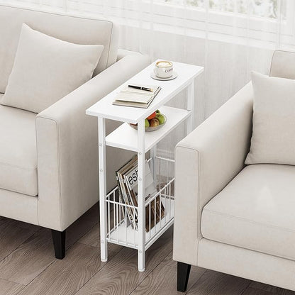 Vagusicc Narrow Side Table, Skinny Side Table for Couch, 3-Tier Small End Table for Small Spaces, Bed Side Tables with Storage, 25.2" Tall Slim Nightstand Bedside table for Living Room, Bedroom, White