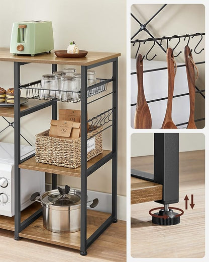 VASAGLE ALINRU Kitchen Baker’s Rack, Coffee Bar, Microwave Oven Stand, with Steel Frame, Wire Basket, 6 Hooks, for Mini Oven, Spices Utensils, Industrial, Rustic Walnut and Black UKKS090B41