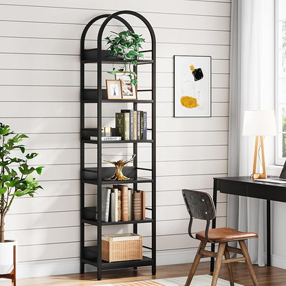 LITTLE TREE 6-Tier Open Bookshelf, 78.7" Tall Arched Bookcase, Black Wooden Bookshelf with Metal Frame, Freestanding Narrow Bookcase Display Shelves for Living Room, Bedroom, Office