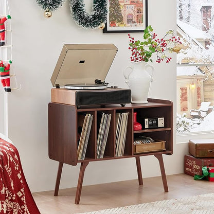 Lerliuo Record Player Stand with 4 Cabinet Holds Up to 220 Albums, Large Turntable Stand with Beech Wood Legs, Mid-Century Record Player Table,Walnut Vinyl Holder Storage Shelf for Bedroom Living Room
