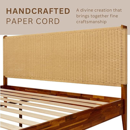 Bme Selina Wood Platform Bed Frame - Handcrafted Paper Cord Unique Headboard - No Box Spring Needed - 12 Strong Wood Slats Support - Easy Assembly - Queen, Dark Chocolate