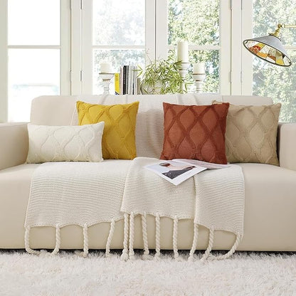 decorUhome Fall Throw Pillow Covers 20x20 Inch Set of 2, Soft Plush Faux Fur Wool Mustard Yellow Couch Pillow Covers, Decorative Neutral Pillow Cases for Bed Sofa Living Room Home Decor