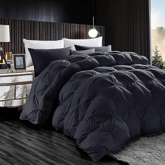 Luxurious All-Season Goose Down Feather Fiber Comforter Oversize Queen Duvet Insert (98x98), Exquisite Pinch Pleat Design- Black, Premium Baffle Box, 100% Egyptian Cotton Cover, 70 oz. Fill Weight