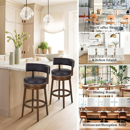 COLAMY Swivel Bar Stools Set of 2, 30 Inch Swivel Bar Height Bar Stools, Wood Swivel Barstools with Back, Modern Upholstered Wooden Barstools for Kitchen Island Dining Room Bar, Dark Brown