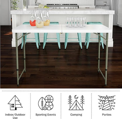 Adjustable Folding Table - Portable 4-Foot Plastic Utility Tabletop with 2 Height Settings - Indoor and Outdoor Seating by Lavish Home (White)