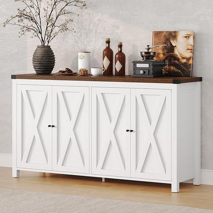 DWVO 55'' Sideboard Buffet Cabinet with Storage, Farmhouse Kitchen Storage Cabinet with 4 Doors, Coffee Bar Cabinets with Adjustable Shelves for Kitchen, Living Room, White&Brown