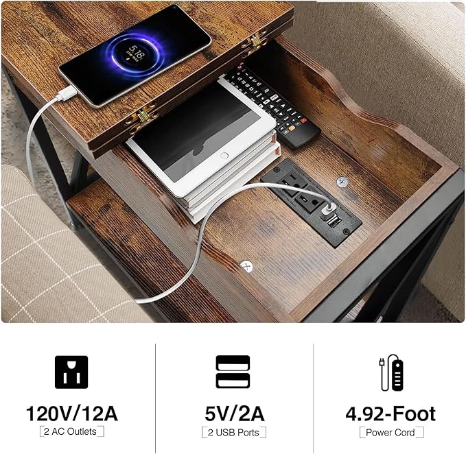 TooCust End Tables Living Room Set of 2, Side Table with Charging Station Flip Top, 11"D x 24"W x 23"H, Narrow Side Table with 5.3" Deep Drawer, Couch End Tables Set of 2, Steel X-Frame, Rustic Brown