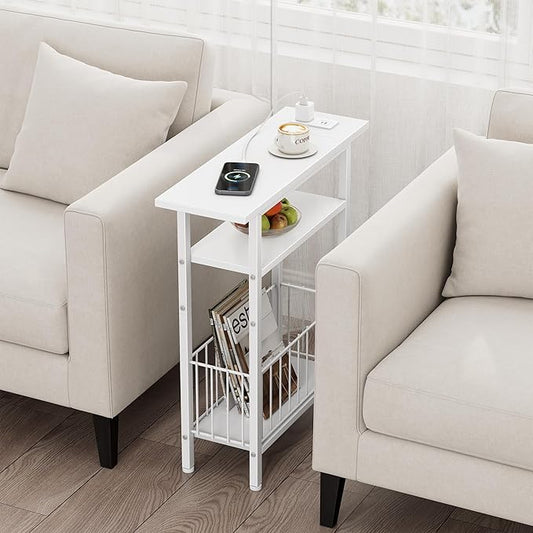 Vagusicc Narrow Side Table with Charging Station, Skinny Side End Table for Couch, 3-Tier Small End Tables for Small Spaces, 25.2" Tall Slim Nightstand Bedside Table for Living Room, Bedroom, White