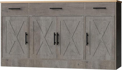 Shintenchi Sideboard Buffet Cabinet with Storage,53.4" Large Kitchen Buffet Storage Cabinet with 3 Drawers and 4 Doors,Wood Farmhouse Sideboard with Adjustable Shelf for Kitchen, Living Room,Grey