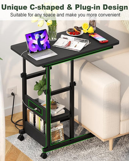 C Shaped End Table Height Adjustable - Couch Side Table with Charging Station, TV Tray with Wheels Slide Under Sofa for Small Spaces, Living Room Bedroom, Black