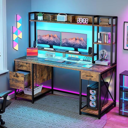 DWVO Computer Desk with Drawers & Hutch, 59.1" Office Desk with Power Outlets & LED Lights, Home Office Desk with Storage Shelves, Rustic Brown