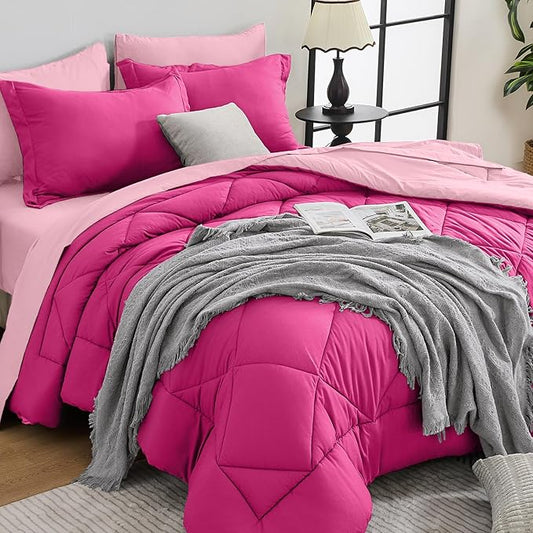 HEVUMYI Hot Pink & Baby Pink King Comforter Set - 7-Piece All Season Bed in a Bag King, Ultra Soft Bedding Set with Comforter, Flat Sheet, Fitted Sheet, Pillowcases, Pillow Shams
