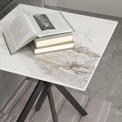 White Marble Side Coffee Table Set of 2 with Metal Legs, Sintered Stone Square Modern Small End Table for Living Room Sofa Table Home Bed Office (2 Pieces, 20"×20"×22")