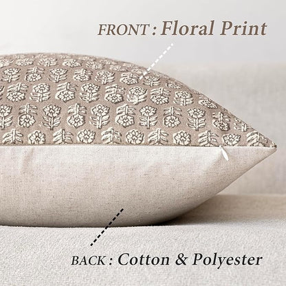 Foindtower Set of 2 Decorative Neutral Floral Print Throw Pillow Covers Vintage Accent Farmhouse Cushion Covers Boho Home Decor for Sofa Couch Chair Bedroom Living Room Outdoor,20×20 Inch,Tan Taupe