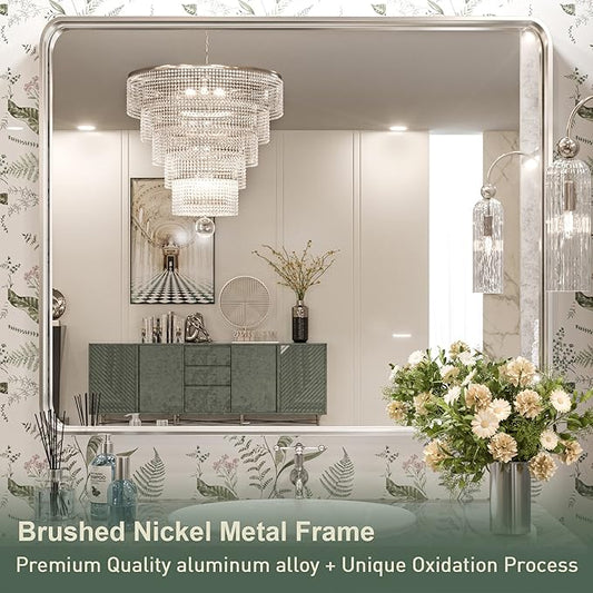 TokeShimi 30 x 36 Inch Brushed Silver Bathroom Mirror for Wall Brushed Brass Metal Rounded Corner Rectangle Mirror Metal Frame Deep Set Design Hangs Horizontal Or Vertical