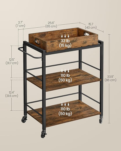 VASAGLE Kitchen Serving Cart with Removable Tray, 3-Tier Kitchen Utility Cart on Wheels with Storage, with Brakes, Leveling Feet, 15.7 x 28.3 x 33.9 Inches, Rustic Brown and Black ULRC72X