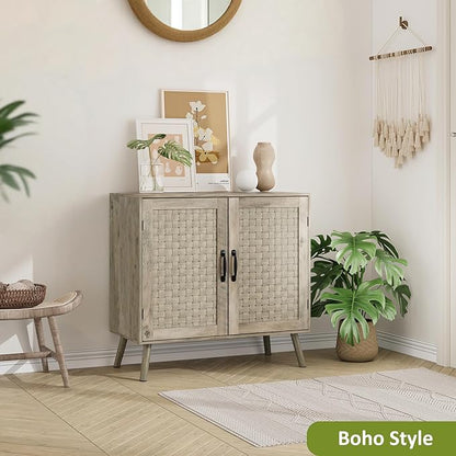 Farmhouse Sideboard Cabinet, Buffet Storage Cabinet with Handmade PVC Rattan Decor Doors & Adjustable Shelf, Wood Accent Table Coffee Station for Kitchen, Living Room, Entryway, Grey Oak