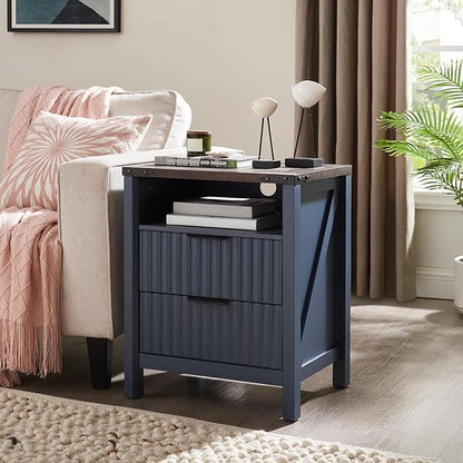 Navy Blue Nightstand with Charging Station Set of 2-20 Inch Wide Farmhouse Fluted Bedside Table with 2 Drawers, Modern Wood End Side Table for Bedroom Study Storage Home