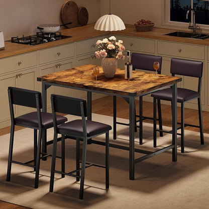 IDEALHOUSE Dining Table Set for 4 w/Counter Height Table & 4 Upholstered Bar Stools, 5-Piece Kitchen Table Set with Footrest & Corner Protector, for Kitchen Room, Apartment, Pub