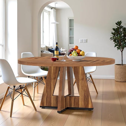Round Dining Table for 4, 47 Inch Dinner Table Farmhouse Wooden Circle Kitchen Tables with Cross Base for Dining Room, Kitchen, Living Room, Vintage Brown