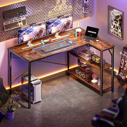 Huuger 47 Inches L Shaped Desk, Computer Desk with Reversible Storage Shelves, for Gaming Corner Home Office Writing Study, Metal Frame, Rustic Brown