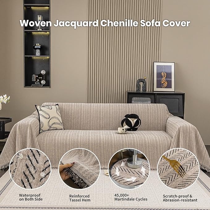 Nobildonna Sofa Cover Washable Soft Thicken Chenille Couch Cover with Tassel,Waterproof Sofa Slipcover for 2-3 Cushion Couch,Sectional Sofa,L-Shaped Furniture Protector Pet-Friendly,Brown 91"x118"