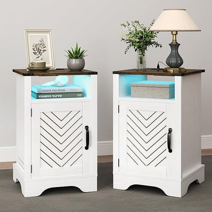 RoyalCraft Farmhouse Nightstand, White Night Stand with LED Lights and Charging Station, Bedside Table Set of 1 with Storage and Door, Wood End Table for Bedroom, Home Office, Antique White
