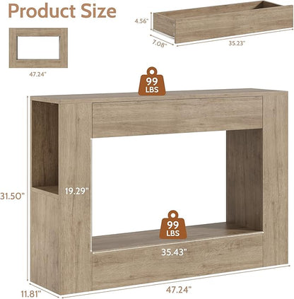 Farmhouse Console Table with Drawer, 47'' Wood Entryway Table with Storage Shelves, Narrow Sofa Table Behind Couch for Living Room, Hallway, Foyer (Gray)