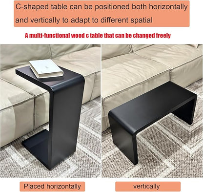 C Shaped End Table, Solid Wood C Side Table for Couch Sofa and Bed, Sofa Tables That Slide Under for Space Saving, Small Snack C Tables for Living Room Bedroom (H 24.4″ - Black, 2)