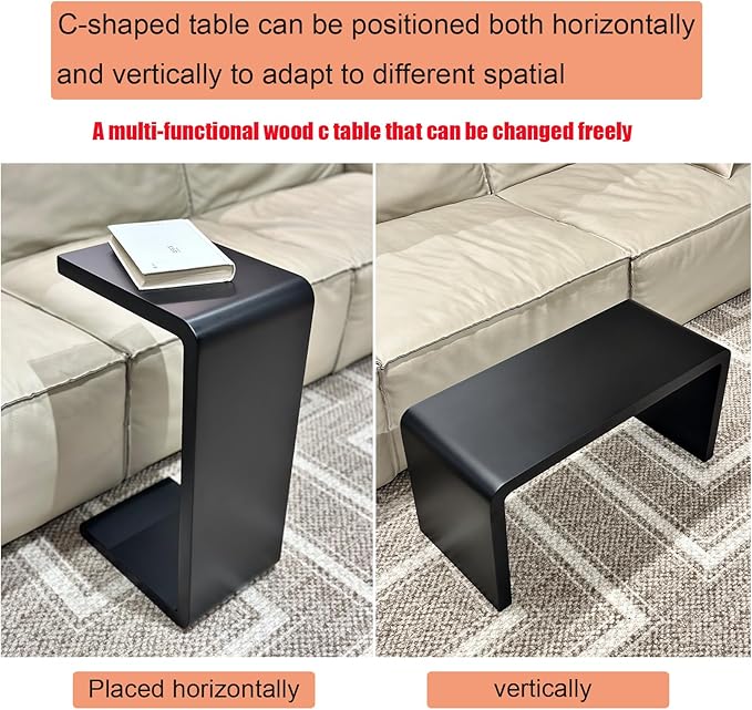 C Shaped End Table, Solid Wood C Side Table for Couch Sofa and Bed, Sofa Tables That Slide Under for Space Saving, Small Snack C Tables for Living Room Bedroom (H 24.4″ - Black, 1)