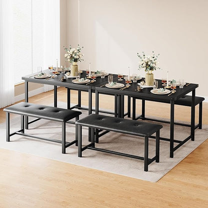 Dining Table Set for 4, Kitchen Table with 2 Upholstered Benches, 3-Piece Dining Room Set for Kitchen, Apartment and Small Spaces, Black
