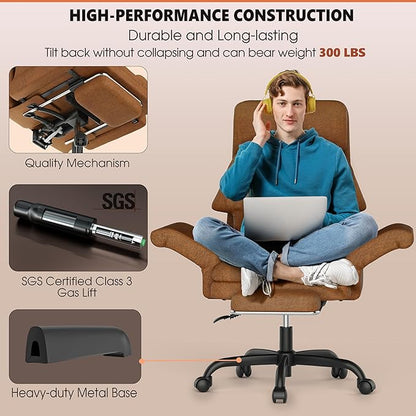 ELABEST C39 Cross Legged Office Chair with Footrest & Convertible Armrests - Pet-Friendly XL Home Desk Chair, Ergonomic Recliner with Lumbar Pillow, Criss Cross Design, Big and Tall Executive Chair