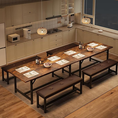 GarveeHome Dining Table Set for 4-6, 63" Extendable Wood Dining Room Table with Corner Protector & 2 Upholstered Benches, Kitchen Table Set for Apartment, Small Space, Easy Assembly, Retro Brown